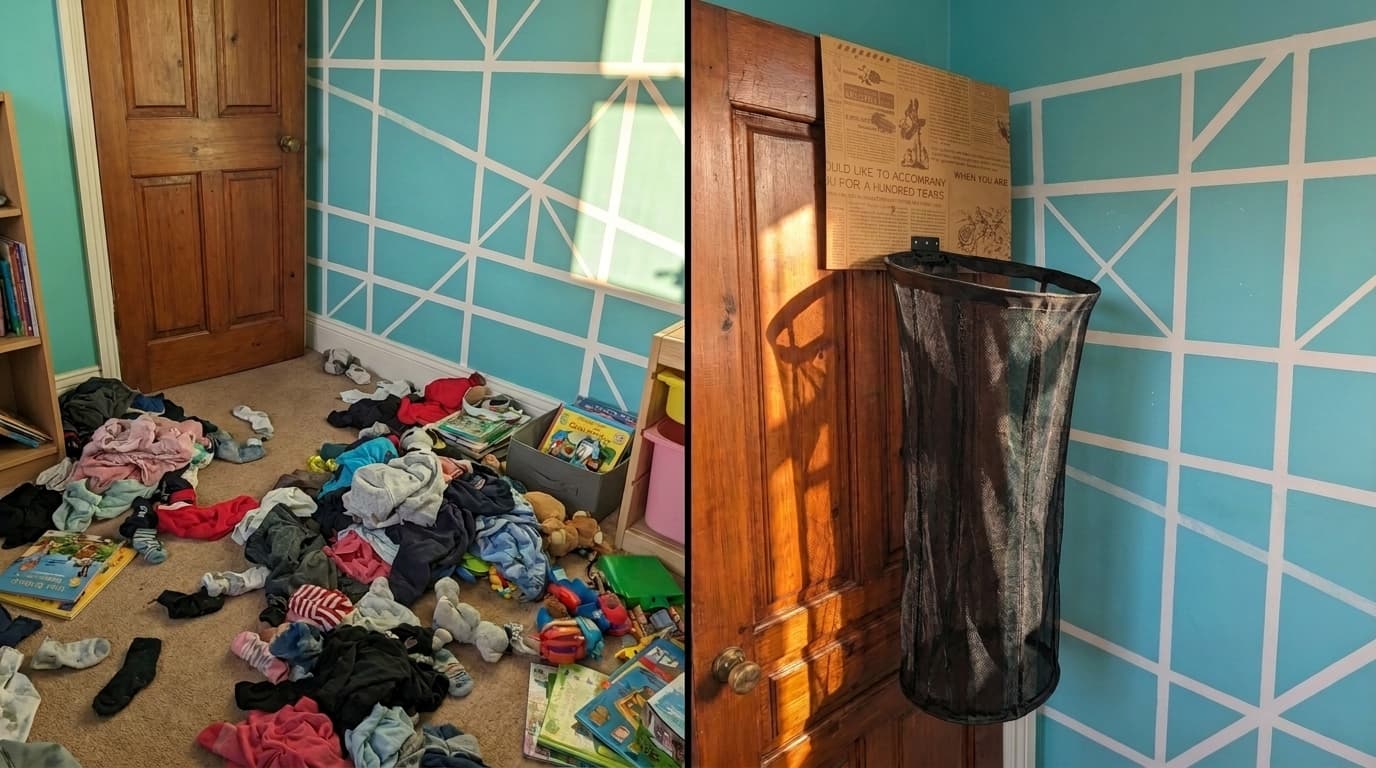 مقارنة قبل وبعد: الغرفة الفوضوية مقابل الغرفة المنظمة مع سلة شوّط
